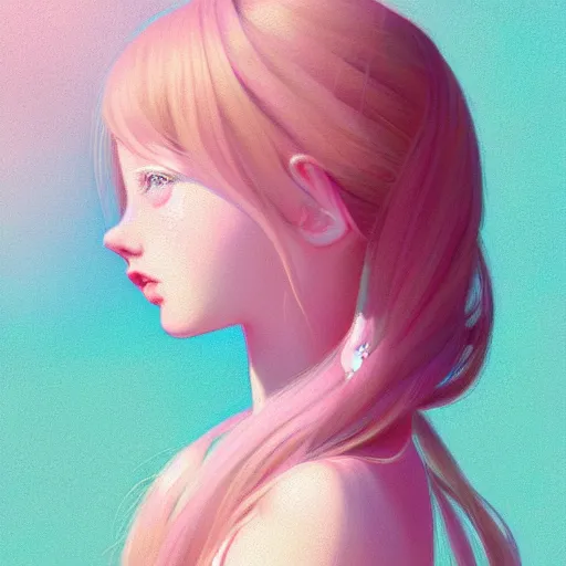 Image similar to young girl in summer dress art, pastel light pink long hair, muted colors, matte print, pastel colors, ornate, digital art, digital painting, fan art, elegant, artstation, head is centered, by Ilya Kuvshinov