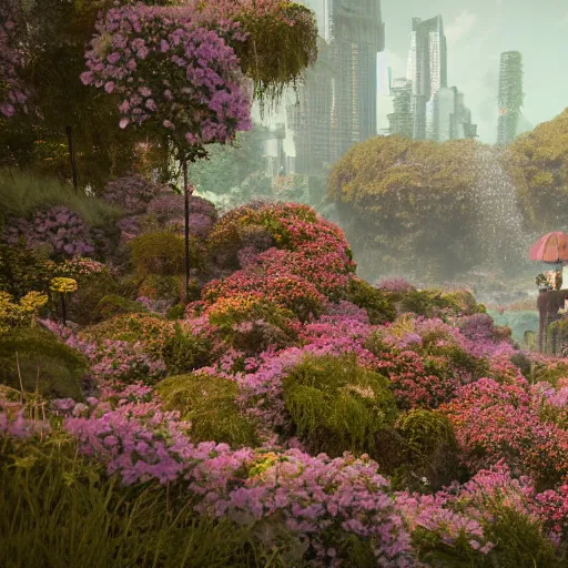 Image similar to A ruined city overgrown by flowers, octane render, 8K, depth of field, By WLOP