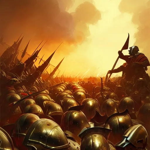 Image similar to commander at the battle field of a medieval war between golden soldiers and black red iron soldiers, dramatic lighting, intricate, wild, highly detailed, digital painting, artstation, concept art, smooth, sharp focus, illustration, art by artgerm and greg rutkowski and alphonse mucha