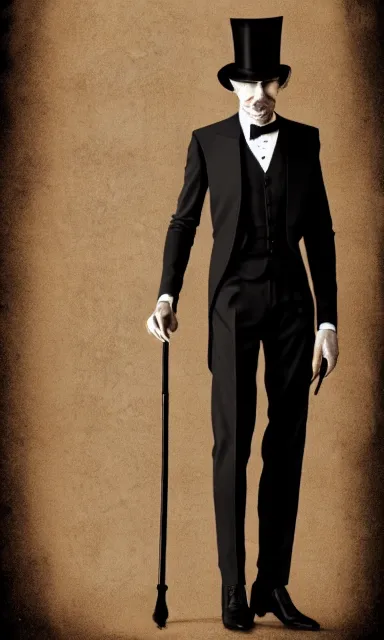 Image similar to ultra realistic photorealistic sepia portrait of a 1 9 2 0 s era smiling, magician, a tall, thin man, well dressed, slicked - back black hair, long - tailed tuxedo coat, black bow tie, walking stick and top hat, trending on artstation, illustration, digital painting, highly detailed render