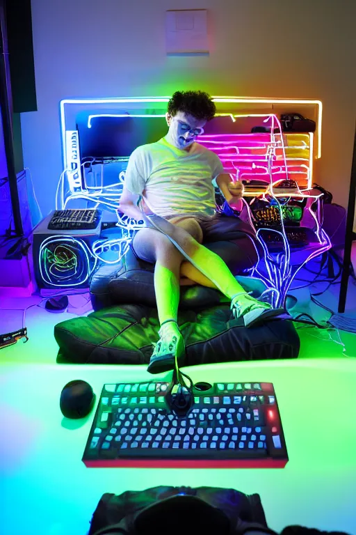 Prompt: young gamer sitting in gaming chair + neon rgb light strips, large computer monitor, galaxy themed room, cute bernedoodle puppy sitting at his feet, 4 k, award winning