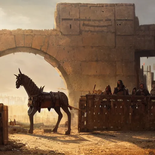 Prompt: trojan horse at the gate of troy, art by greg rutkowski, siege, 4 k, - n 4