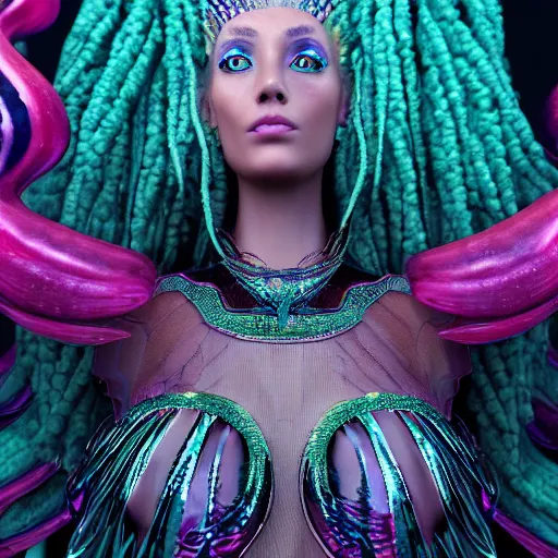 Image similar to unreal engine, octane render, 8 k, sandro botticelli portrait of egyptian sumerian goddess princess intergalactica, nautical siren, lady of elche, queen of heaven, techno mystic goddess, with aqua neon dreadlocks, teal eyebrows encrusted with diamonds, wearing iris van herpen haute couture, star - gate of futurisma,