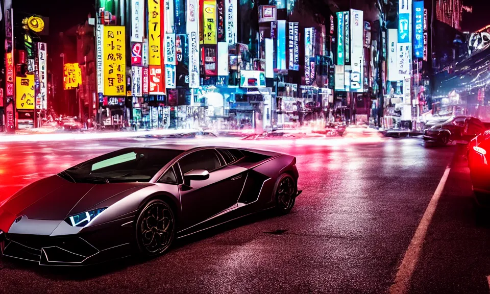 Prompt: photo of a lamborghini at night driving fast through a city, cinematic, 4k, long exposure photography, tokyo drift, fast and furious, film still, night photography, motion blur, lens flare, movie shot, analog camera