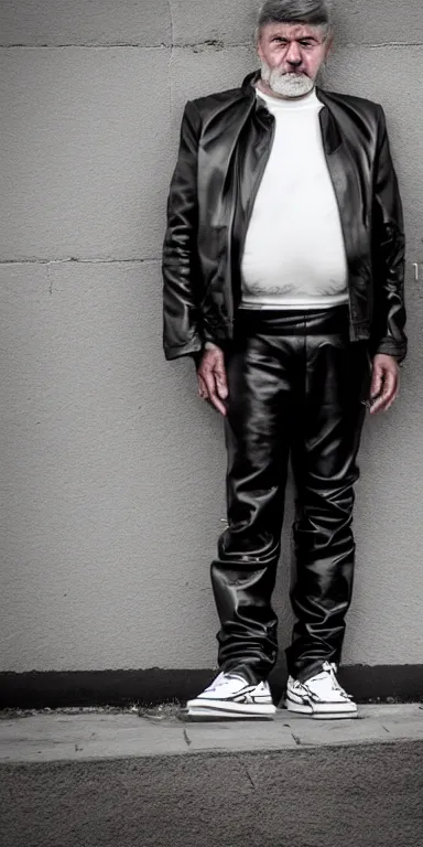 Prompt: sad russian middle aged man in black leather jacket and white Adidas pants. extreme long shot. amateur photo