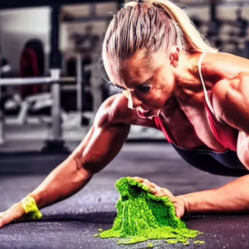 Prompt: a female bodybuilder is facing the ground and a lot of green bile vomit is coming out of her mouth, photorealistic