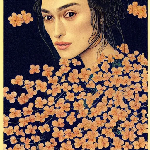 Prompt: “ keira knightley portrait by ikenaga yasunari and ayana otake and ko rakusui, 6 0 s poster, drawing, realistic, sharp focus, japanese, dreamy, nostalgia, faded, golden hues, floral clothes ”