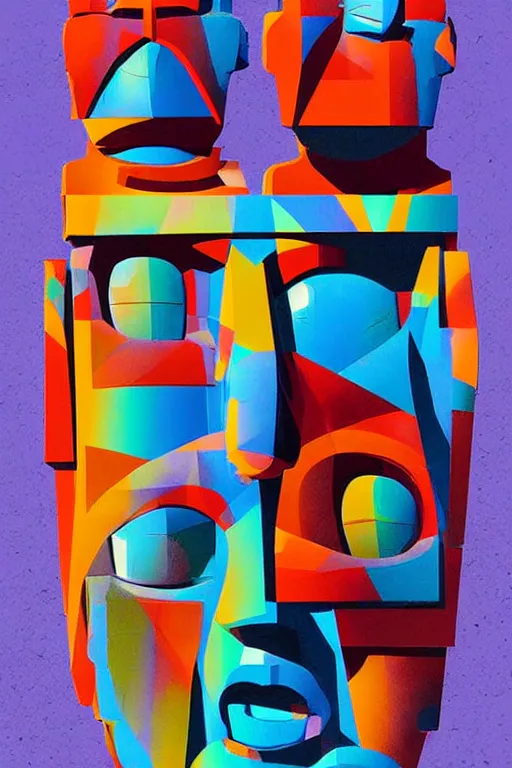 Image similar to cubist moai statue cutout digital illustration cartoon colorful beeple