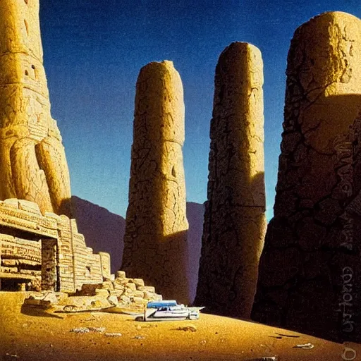 Prompt: ancient ruins under the desert, underground, forgotten, hyper realistic, by chesley bonestell