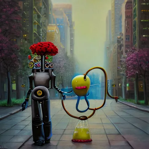 Prompt: Oil on canvas, A Tall happy smiling robot walking on the street jollily with bokeh roses in his hands, by Greg Hildebrandt, George R. R. Martin, Seanan McGuire, Brandon Sanderson, Patrick Rothfuss, J.R.R. Tolkien, Nnedi Okorafor, Andrzej Sapkowski, Robin Hobb, 3d render, octane render!!!