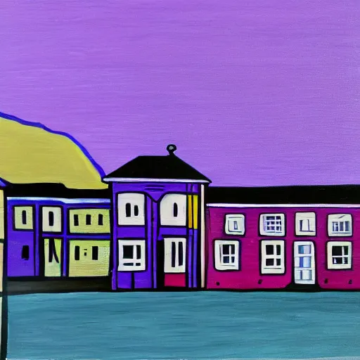 Prompt: painting of old town, horror, purple dim light, tiny houses and a big 8 floors building in the middle