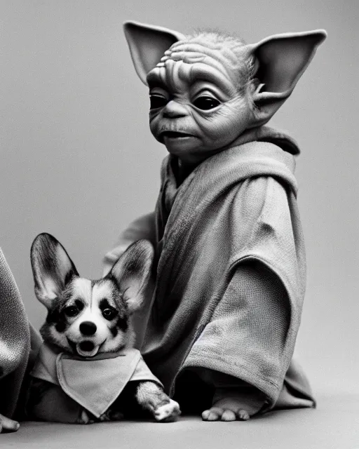 Image similar to baby yoda and his best friend corgi kenobi, a corgi dog dressed as obi wan kenobi in jedi robes, photographed in the style of gilbert taylor, star wars, tatooine