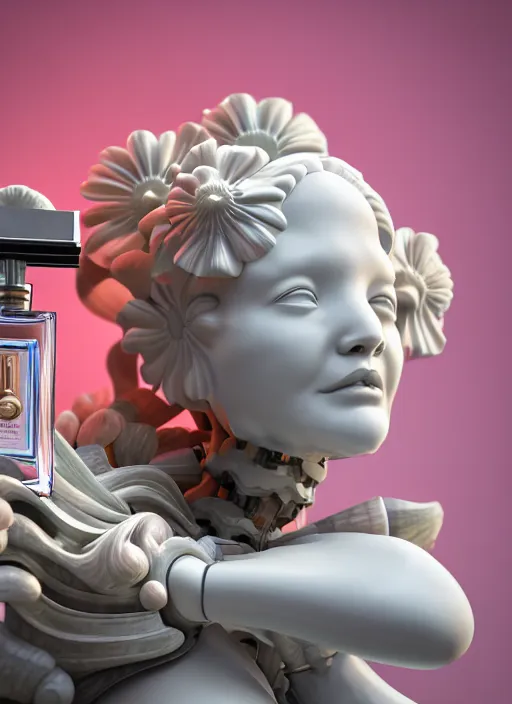 Image similar to biomechanical daisies well contoured smooth fair walls with marble statue carrying a bottle of perfume, up close shot, sharp focus, global illumination, radiant light, alexandre ferra white mecha, irakli nadar, octane highly render, 4 k, ultra hd,