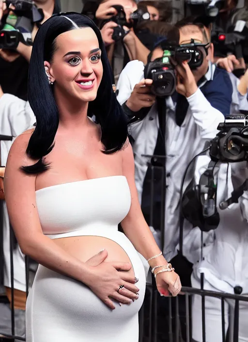 Image similar to smooth, detailed, symmetry, 4 k hdr, 3 5 mm papparazzi photography of katy perry pregnant in a white dress