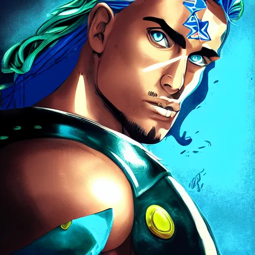 Image similar to handsome portrait of a spartan guy bodybuilder posing, radiant light, caustics, war hero, style of vento aureo cover art, style of stone ocean cover art, style of steel ball run cover art, ilya kuvishinov style, illustrated by hirohhiko araki