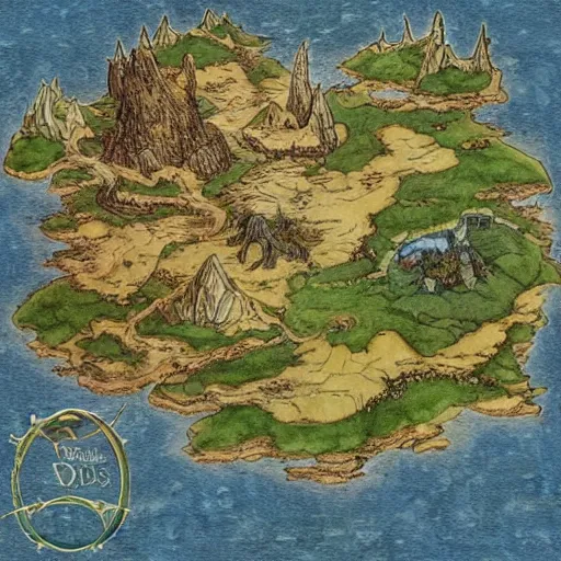 Image similar to an isometric fantasy map, the land of Odrua, uncluttered, bordered by ocean, continent with mountains lakes hills and cities, by brian froud by jrr tolkien in the dungeons and dragons and disney styles