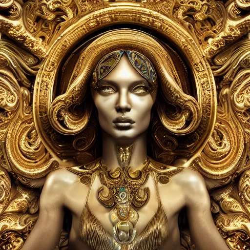 Image similar to psychadelic goddess made of golden marble, beautiful face, hyper detailed, flowing psychadelic background intricate and detailed, ornate 8 k gorgeous intricate detailed, octane render