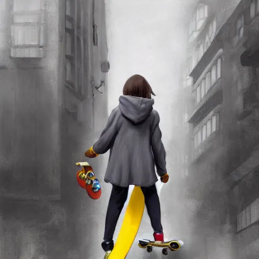 Image similar to a highly detailed epic cinematic concept art CG render digital painting artwork costume design: a girl in a 1950s extremely oversized hoodie and giant 1950s man's coat, with a skateboard. all in grey and yellow. By Greg Rutkowski, Ilya Kuvshinov, WLOP, Stanley Artgerm Lau, Ruan Jia and Fenghua Zhong, trending on ArtStation, made in Maya, Blender and Photoshop, octane render, excellent composition, cinematic atmosphere, dynamic dramatic cinematic lighting, aesthetic, very inspirational, arthouse