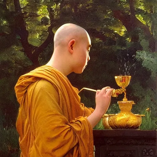 Image similar to highly cunning buddhist monk pouring liquid gold into monk kid head baroque style, painting by gaston bussiere, craig mullins, j. c. leyendecker, lights, art by ernst haeckel, john william godward, hammershøi,