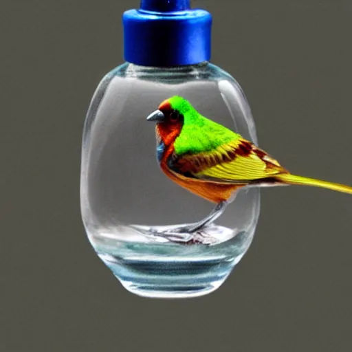 Image similar to bird in a bottle, award winning photography, hyper realistic, 4 k