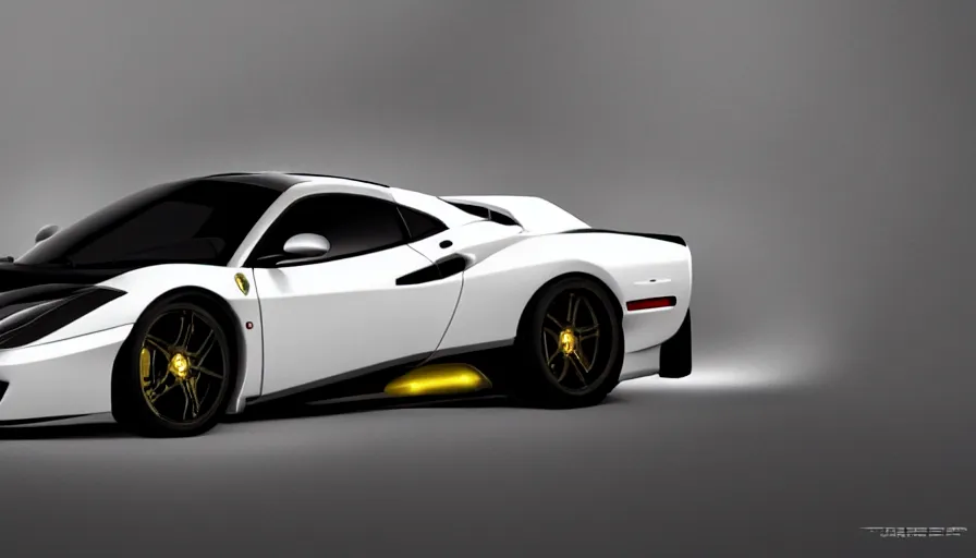 Prompt: Bright white and black Ferrari with gold wheels, hyperdetailed, artstation, cgsociety, 8k