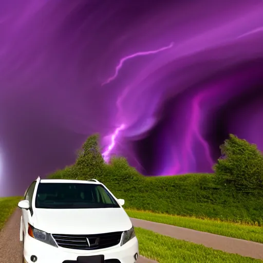 Image similar to white minivan driving away from a purple tornado