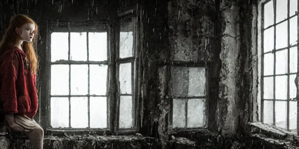 Image similar to at night, sadie sink in hoodie sits on windowsill, knees tucked in. rain falls, old brick wall with ussr propaganda posters : 1 6 mm film, anamorphic, single long shot from schindler's list by steven spielberg. cyberpunk, cinematic atmosphere, detailed and intricate, perfect anatomy