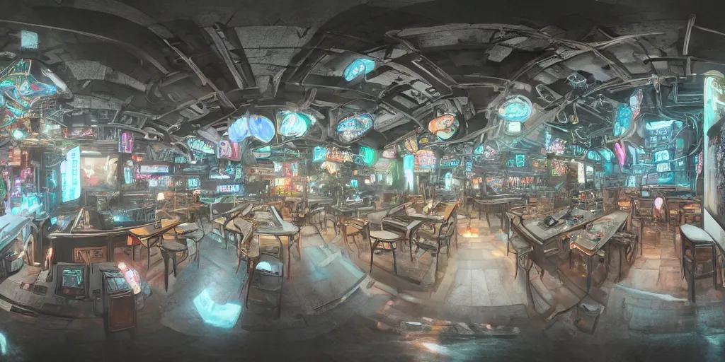 Prompt: Highly realistic Digital interior design in style of Hiromasa Ogura and Josan Gonzalez of detailed cyberpunk tavern with minimalism stone walls and neon lights, a lot of electronics and people, many details. Natural white sunlight from the transperient roof. Panorama on 360 degrees Rendered in 32K in VRAY and DaVinci Resolve and MAXWELL and LUMION 3D, Volumetric natural light