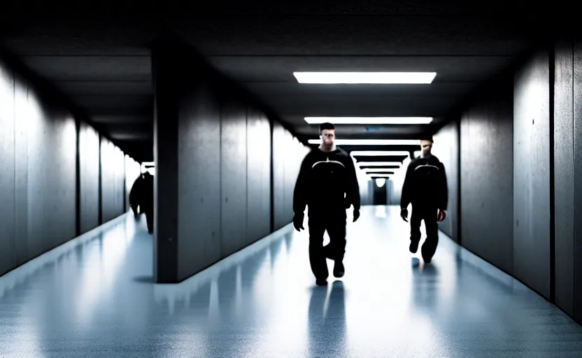 Image similar to Black quadcopters swarm the wide hallways in a futuristic prison underground with brutalist architecture, staff can be seen carrying black duffel bags, sigma 85mm f/1.4, 4k, depth of field, high resolution, 4k, 8k, hd, full color