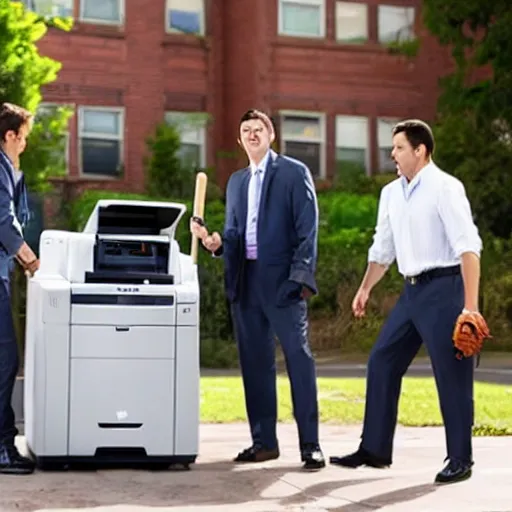 Prompt: three men in business casual outfits beating the shit out of a printer with a baseball bat, movie still, outside, sunny day