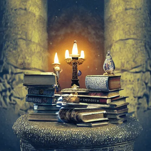 Prompt: epic Photo of an ancient dark byzantine cave interior, ornate oil lamp on a pile of crystals, books covered in jewels, ornate, surrounded by strange crystals and treasure, full of sand and glitter, hyper real, Indiana Jones, Tomb Raider, trending on artstation, concept art, cinematic, jewels, 35mm lens