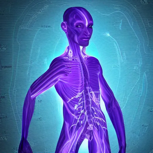 Prompt: purple human creature with glowing blue veins