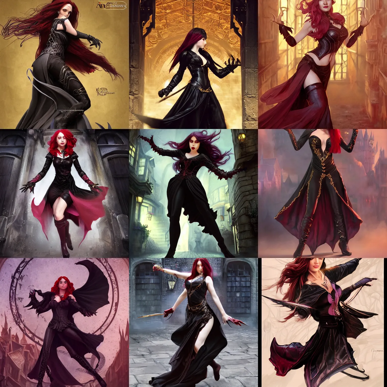 Prompt: character, female sorceress in elegant black leathers, crimson hair, dynamic action pose, Diagon Alley, D&D, fantasy, intricate, focused expression, performing sorceress magic, highly detailed, digital painting, artstation, octane render, concept art, matte, sharp focus, illustration, art by Artgerm and Greg Rutkowski and Alphonse Mucha and alex ross