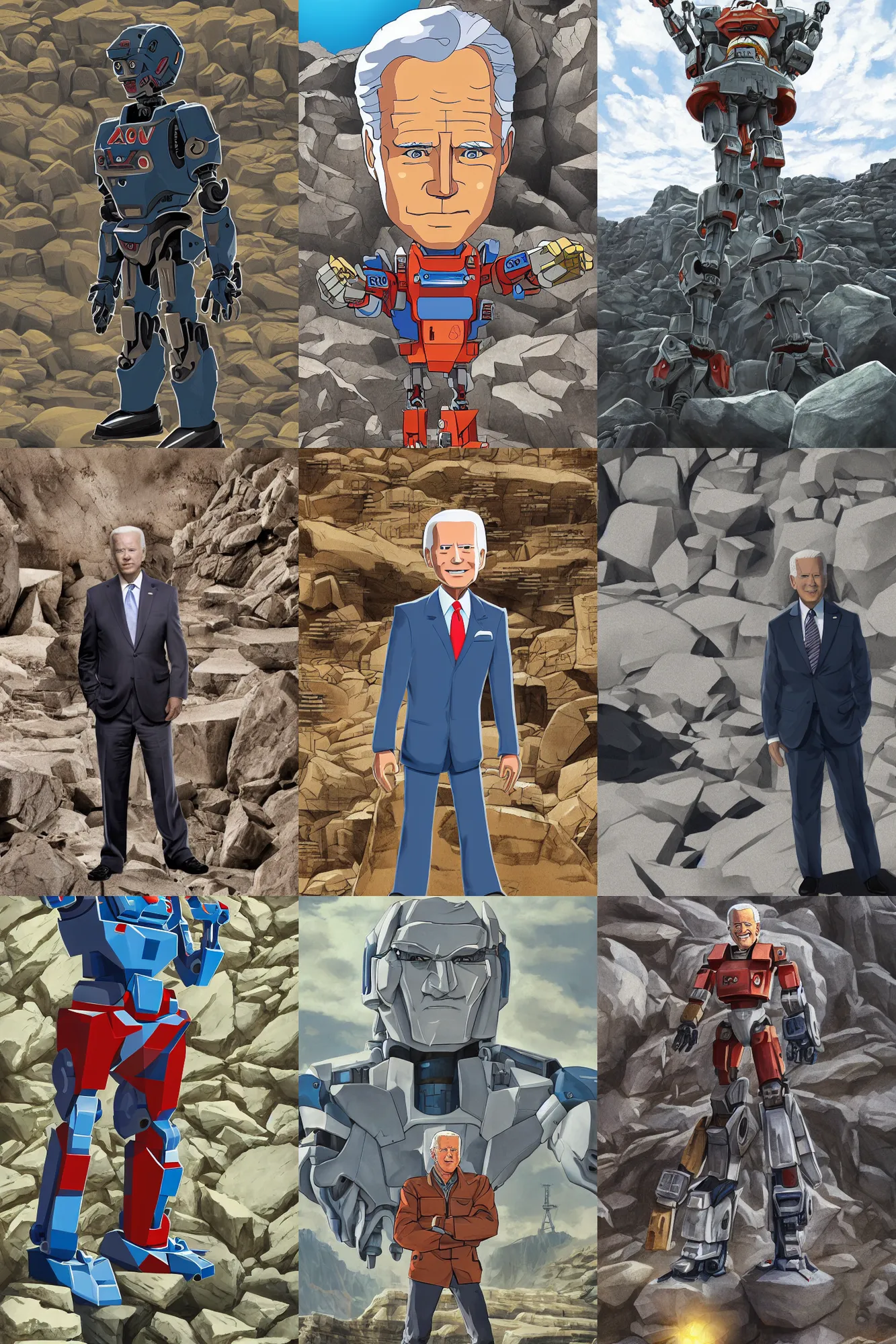 Prompt: character portrait of mecha joe biden standing in a rock quarry, daylight, realistic lighting, good value control joe biden, joe biden, joe biden, joe biden, mecha, robot, intricate, human head, realistic face proportions, takeyuki kanda, shotaro ishinomori, ken ishikawa