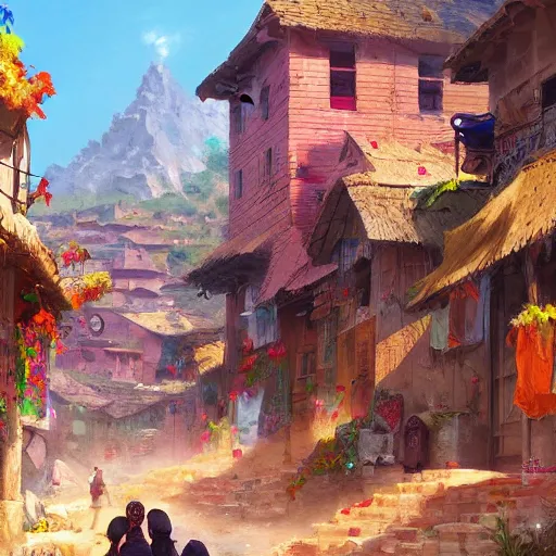 Image similar to colorful Kurdish village, anime, a fantasy digital painting by Greg Rutkowski and James Gurney, trending on Artstation, highly detailed