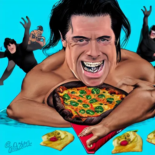 Prompt: glenn danzig surfing on a pizza roll, 4 k,