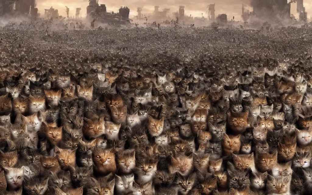 Image similar to a million cats forming a giant threatening mega cat, photorealistic render, mad max