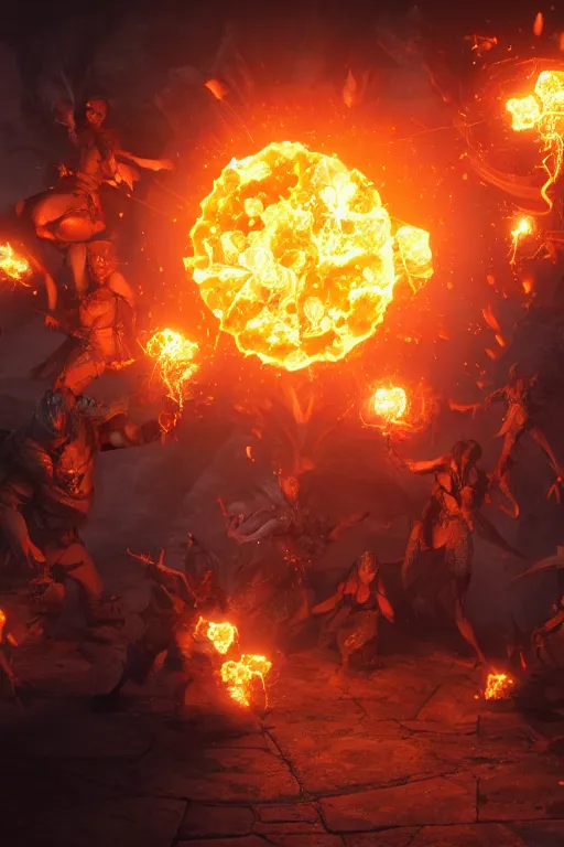 Image similar to concept art of a fireball spell in the artstyle of a dungeons and dragons campaign, highly detailed, sharp focus, ambient lighting, octane render, 8k