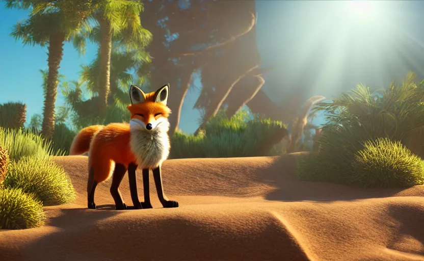 Image similar to a fox in a dessert oasis. daylight. sunlight. lens flare. light fixtures. apunkalypse. 8K. detailed. photorealism. artstation. 35mm. ultra realistic