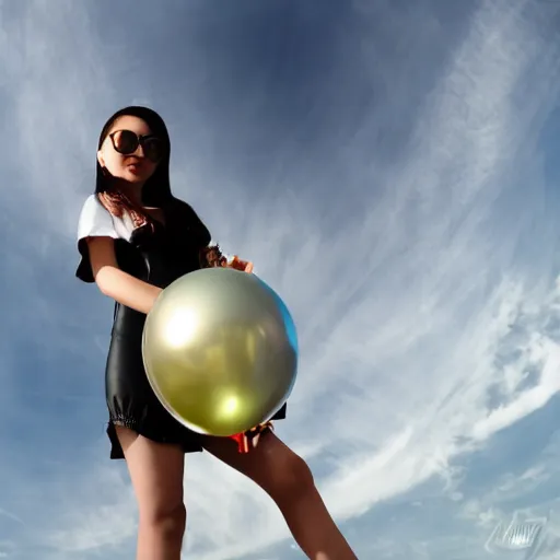 Prompt: chrome girl holding chrome balloon:: wide angle:: full body shot