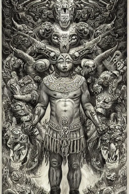 Image similar to a beautiful painting of full - body mayan jaguar warrior, wisdom, good and evil, white ink + magical + symmetrical + detailed intricate + heraldic design + atmosphere high details, in the style of jean delville, artstation, 8 k, 4 k, cinematic