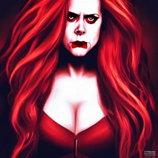 Image similar to vampire : : rafeal albuquerque comic art, artgerm : : gorgeous amy adams : : sharp teeth, open mouth sneer : : symmetrical face, symmetrical eyes : : gorgeous red hair : : magic lighting, low spacial lighting : :