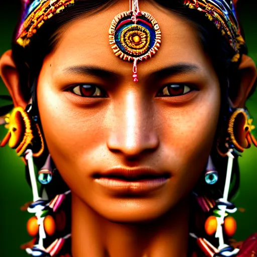 Image similar to portrait of a stunningly beautiful and alluring nepalese tribal female, depth of field, zeiss lens, detailed, symmetrical, centered, fashion photoshoot, by annie leibovitz and steve mccurry, david lazar, jimmy nelsson, breathtaking, 8 k resolution, extremely detailed, beautiful, establishing shot, artistic, hyperrealistic, beautiful face, octane render