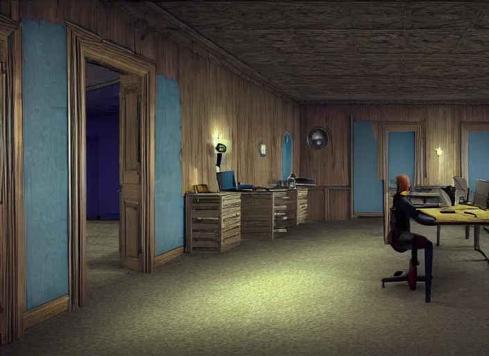 Prompt: kingdom hearts inspired stanley parable office backrooms, creepy but colorful render, intricate detail, castle oblivion, normal workplace office, uhd