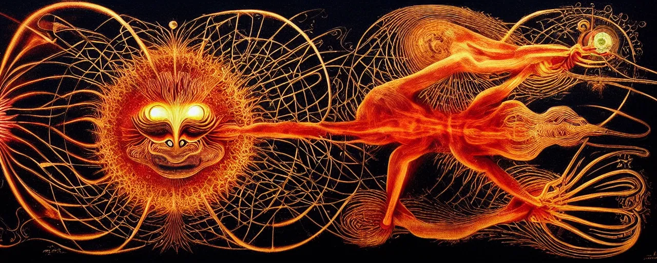 Image similar to a strange fire creature with endearing eyes radiates a unique canto'as above so below'while being ignited by the spirit of haeckel and robert fludd, breakthrough is iminent, glory be to the magic within, in honor of saturn, painted by ronny khalil