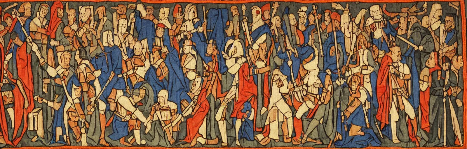 Prompt: a medieval tapestry depicting the star wars saga