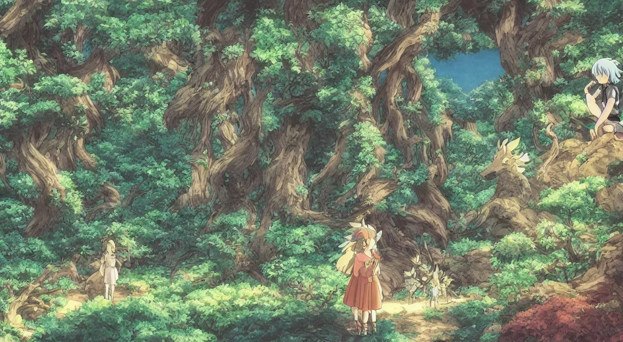 Image similar to studio ghibli anime still of a fantasy forest, magical creatures, mythical, key anime visuals