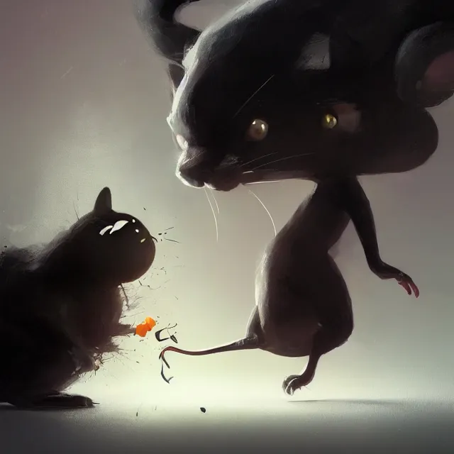 Image similar to a beautiful painting of a cute black cat catching a mouse. disney character design by cory loftis, fenghua zhong, ryohei hase, ismail inceoglu and ruan jia. artstation, volumetric light, detailed, photorealistic, rendered in octane