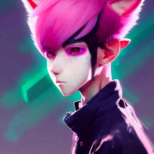 Image similar to a beautiful portrait of a handsome anime male boy with pink hair and pink wolf ears and green eyes wearing cyberpunk clothes. character design by cory loftis, fenghua zhong, ryohei hase, ismail inceoglu and ruan jia. artstation, volumetric light, detailed, photorealistic, fantasy, rendered in octane