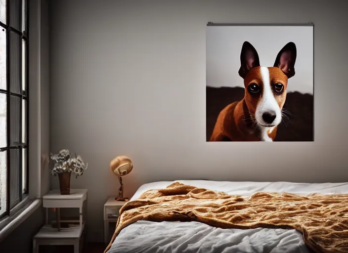 Image similar to photography of a Jack Russel . watching outside the window. on a bed. in a vintage room full of vinyls and posters.,volumetric light, photorealistic,, award winning photo, 100mm, sharp, high res